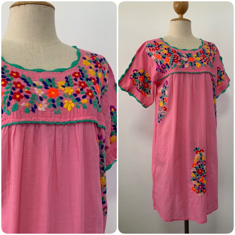 Oaxacan Dress Boho Dress Hand Embroidered Dress Mexican Style Cotton Tunic In Pink Peasant Dress