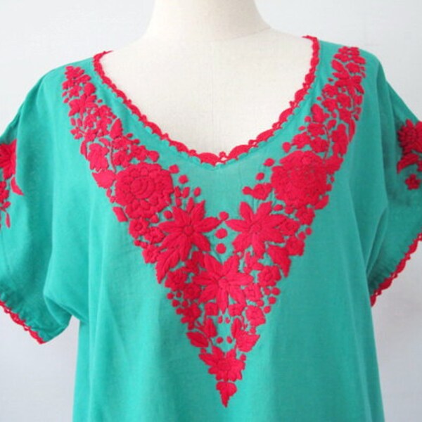 Mexican Embroidered Blouse Cotton Top In Green