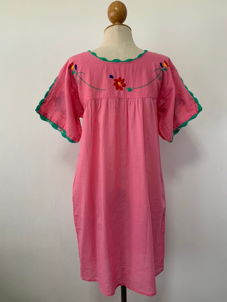 Oaxacan Dress Boho Dress Hand Embroidered Dress Mexican Style Cotton Tunic In Pink Peasant Dress