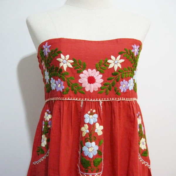 Mexican Hand Embroidered Cotton Strapless Sundress in Red
