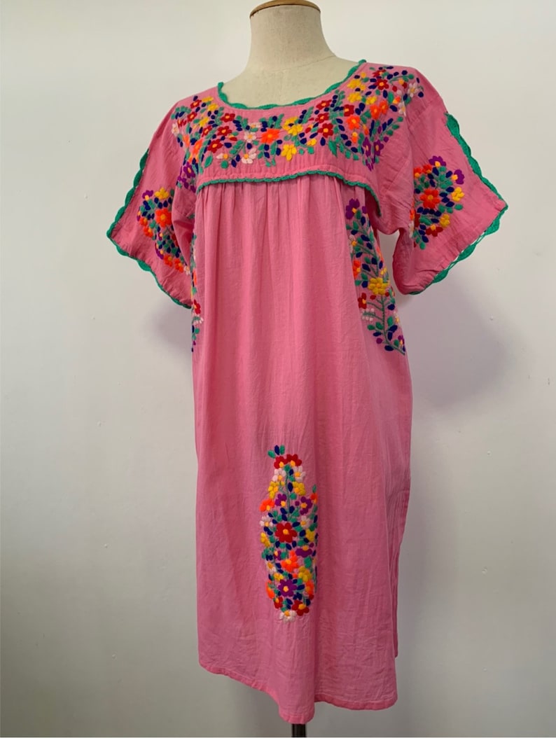 Oaxacan Dress Boho Dress Hand Embroidered Dress Mexican Style Cotton Tunic In Pink Peasant Dress