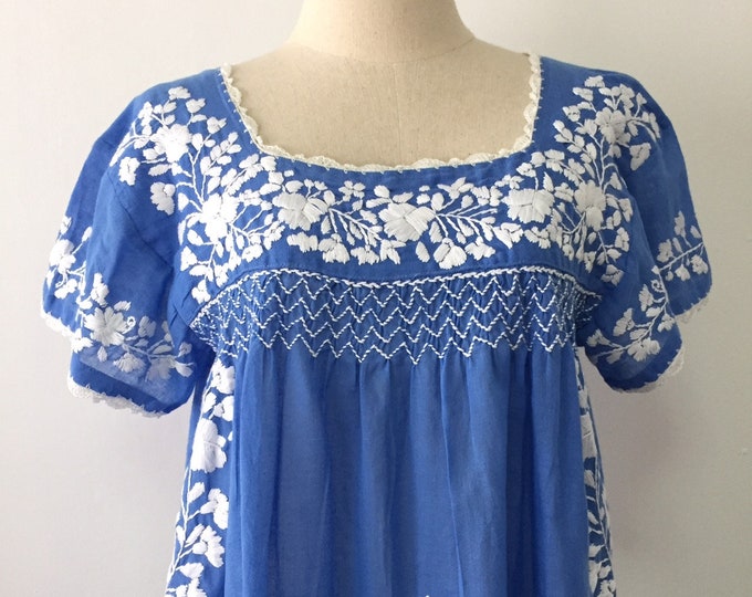 Mexican Embroidered Blouse Short Sleeve Cotton Top in Blue, Boho Blouse ...