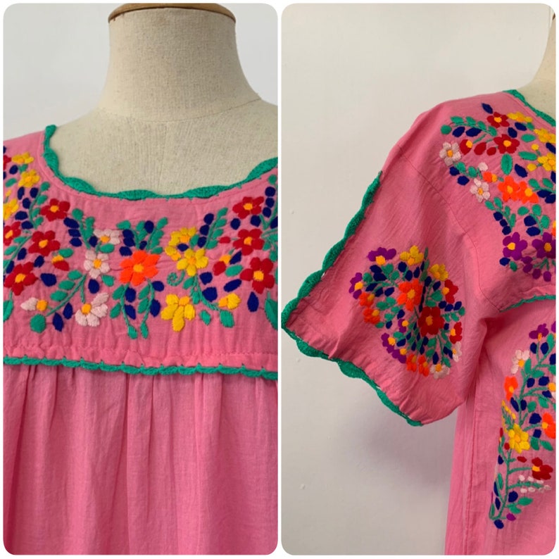 Oaxacan Dress Boho Dress Hand Embroidered Dress Mexican Style Cotton Tunic In Pink Peasant Dress