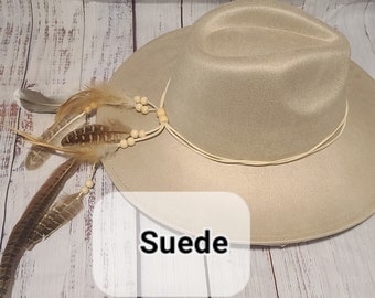 Dark Beige Vegan Suede or Ivory Felt Wide Flat Brim Rancher Hat with Boho Hippie Feather Hat Band Gift Custom Personalize  Gift