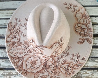 WILD ROSES Cali POPPIES - Burned Vegan Suede Rancher Hat, Wide Flat Brim, Peach Top Fedora, Asst. Colors, Boho Custom Art, Personalize Gift