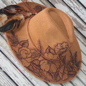 Burned Rancher Hat. FLOWERS FEATHERS Each hat is designed and drawn by Vicki at FanciiPants. No 2 are exactly alike. This design is a Best Seller! Hat Bar. Adjustable size. Message me to personalize or custom for yourself or gift!