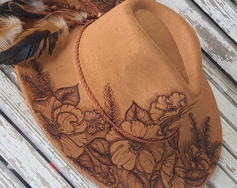 FLOWERS - Wide Flat Brim Rancher Hat with Boho Cowgirl Flair - Burned Vegan Suede - Custom Gift - Assorted Colors - Unique Handmade Art