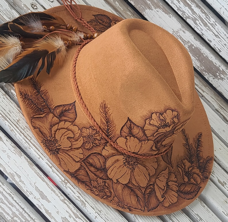 Burned Rancher Hat. FLOWERS FEATHERS Each hat is designed and drawn by Vicki at FanciiPants. No 2 are exactly alike. This design is a Best Seller! Hat Bar. Adjustable size. Message me to personalize or custom for yourself or gift!