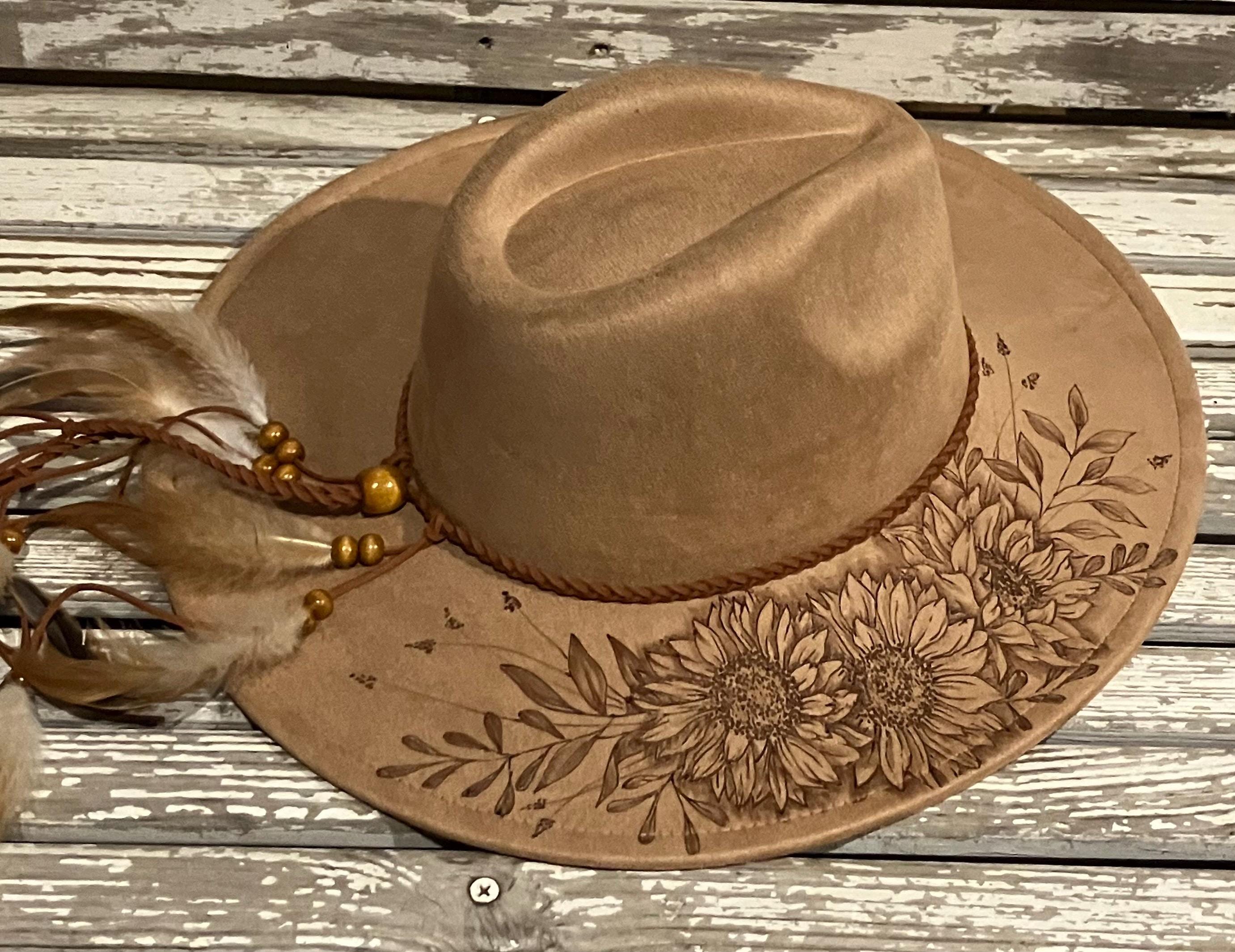Sunflower Serenade Boho Rancher Hat Sunflowers Serenade - Hand Drawn, Burned Art on Boho/cowboy  main image 2