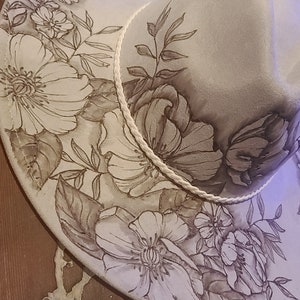 Boho Vibe Flowers, Vegan Suede Rancher Hat - Wide Brim Fedora, Hand Drawn and Burned Floral Design, Personalized Gift Idea, Taupe, Cowboy