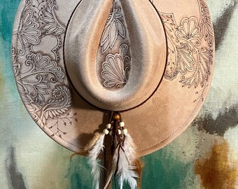 Henna Hearts - Hand Drawn, Burned Art on Boho/Cowboy Suede Hat - Customize with name, initials, etc.