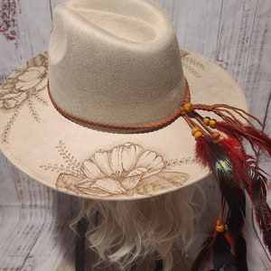 FLOWERS FLOWERS FLOWERS Wide Brim Rancher Hat with Boho Cowgirl Flair Burned Vegan Suede Custom Gift Assorted Colors Handmade Art image 2