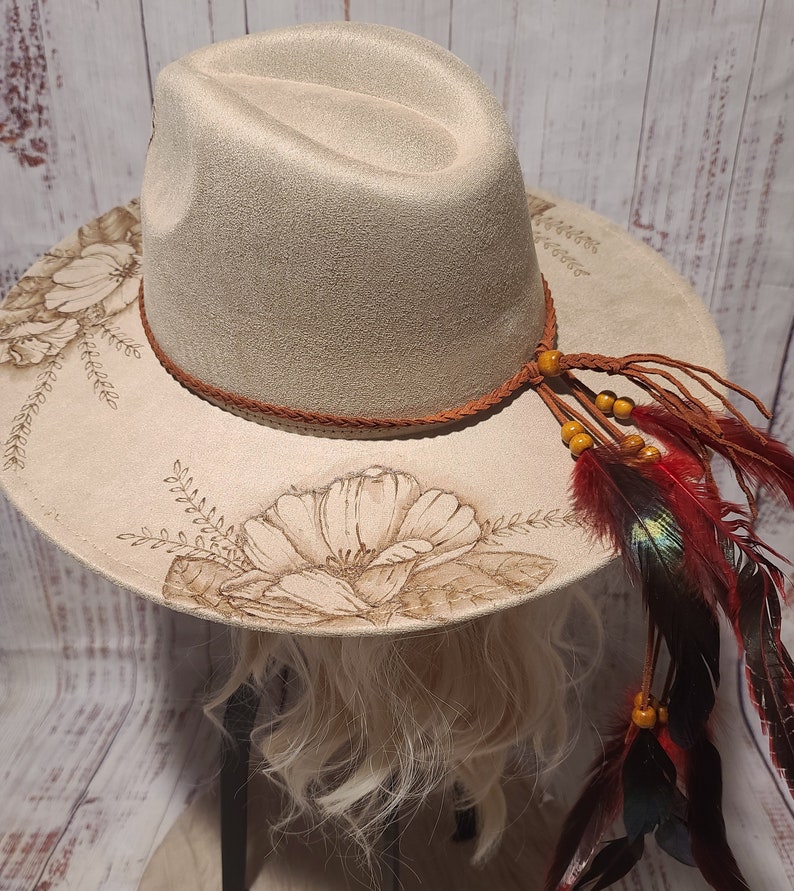 FLOWERS FLOWERS FLOWERS Burned Vegan Suede Rancher Hat Wide Flat Brim Peach Top Fedora, Assorted Colors, Boho Custom Art Personalize Gift image 2