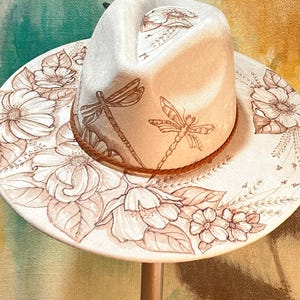 Dragonflies Flutter - Burned Vegan Suede Rancher Hat, Wide Flat Brim, Peach Top Fedora, Assorted Colors, Boho, Custom Art, Personalize, Gift