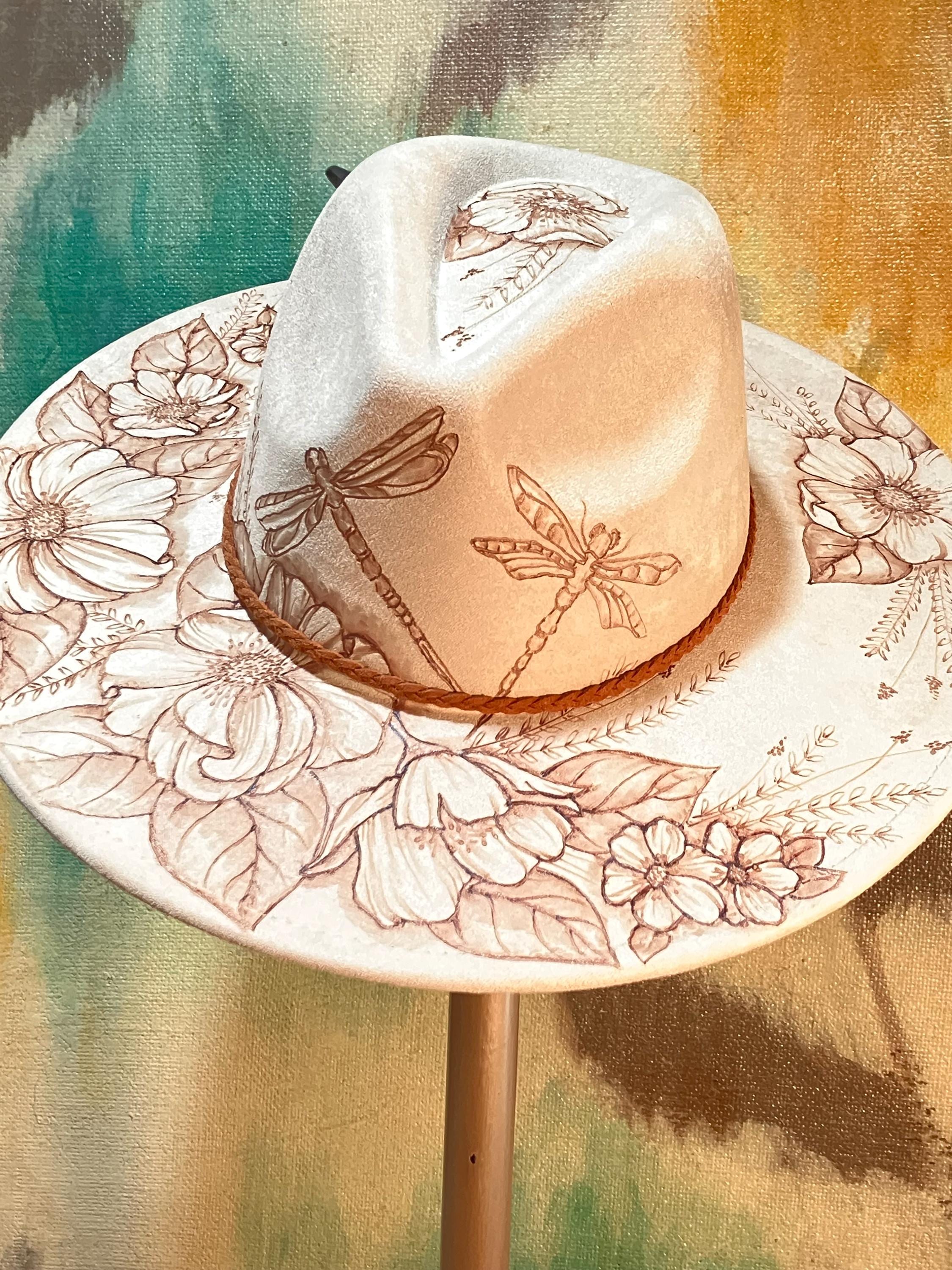 Enchanted Garden - Hand Drawn, Burned Art on Boho/cowboy Suede Hat