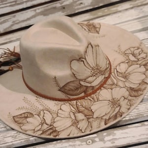 Enchanted Bloom - Hand Drawn, Burned Art on Boho/Cowboy Suede Hat - Customize with name, initials, etc.