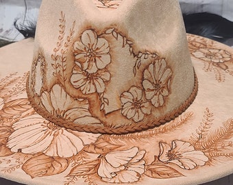 FEATHERS FLOWERS HEART - Wide Brim Rancher Hat with Boho Cowgirl Flair - Burned Vegan Suede - Custom Gift - Assorted Colors - Handmade Art