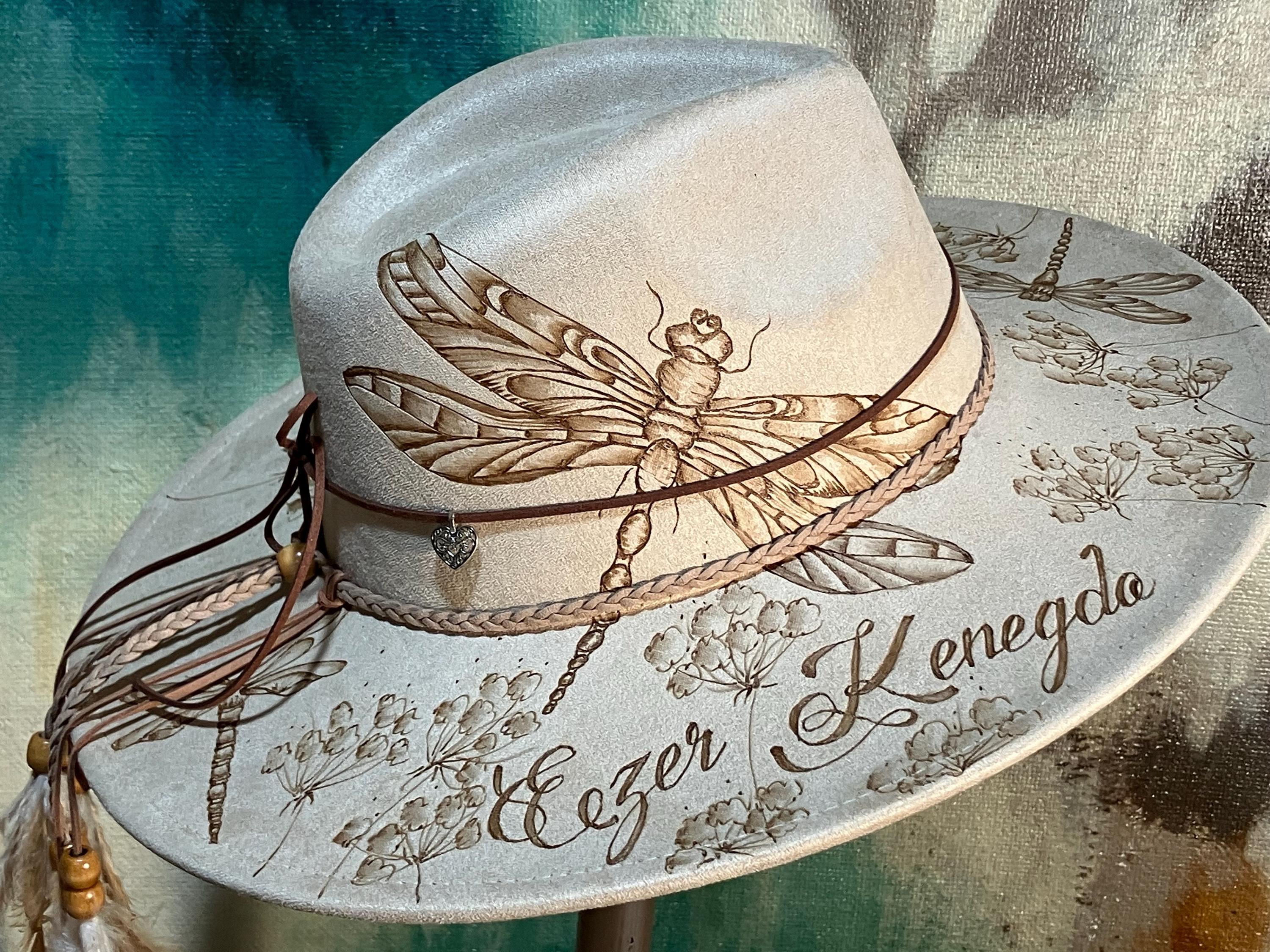 帽子 FLEUR STORE american traditional Dragonflies & Dandelions - Hand Drawn, Burned Art on Boho/cowboy