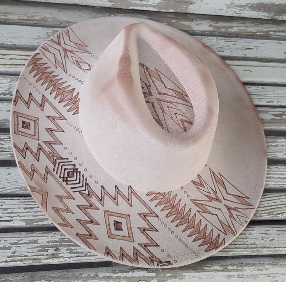 Customized suede hat Heart Flowers Feathers - Hand Drawn, Burned Art on Boho  main image 3