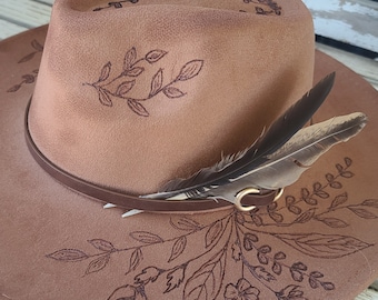 WILDFLOWERS - Wide Flat Brim Rancher Hat with Boho Cowgirl Style - Burned Vegan Suede - Custom Gift - Assorted Colors - Unique Handmade Art