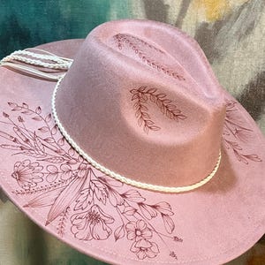 “Barbara” pink vegan suede rancher hat with skull rhinestones Free hand design. Hand burned vegan suede hat. Burner tip  main image 3