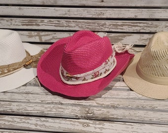 CLEARANCE Straw, Pink, White, Camel, LOT of 3 Hats. May have some damage or defects. Gift Custom Personalize  Gift