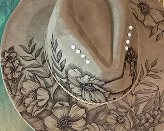 Flower Garden Party - Hand Drawn, Burned Art on Boho/Cowboy Suede Hat - Customize with name, initials, etc.