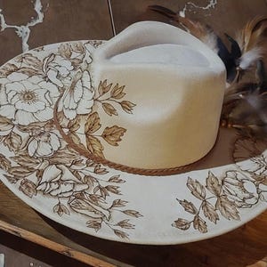 FLOWERS - Burned Vegan Suede Rancher Hat, Wide Flat Brim, Peach Top Fedora, Assorted  Colors, Boho, Custom Art, Personalize, Gift for Women