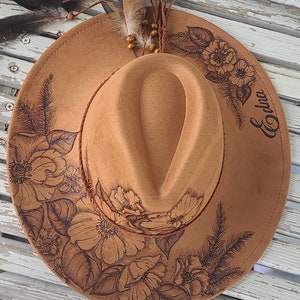 Burned Rancher Hat. FLOWERS FEATHERS Each hat is designed and drawn by Vicki at FanciiPants. No 2 are exactly alike. This design is a Best Seller! Hat Bar. Adjustable size. Message me to personalize or custom for yourself or gift!