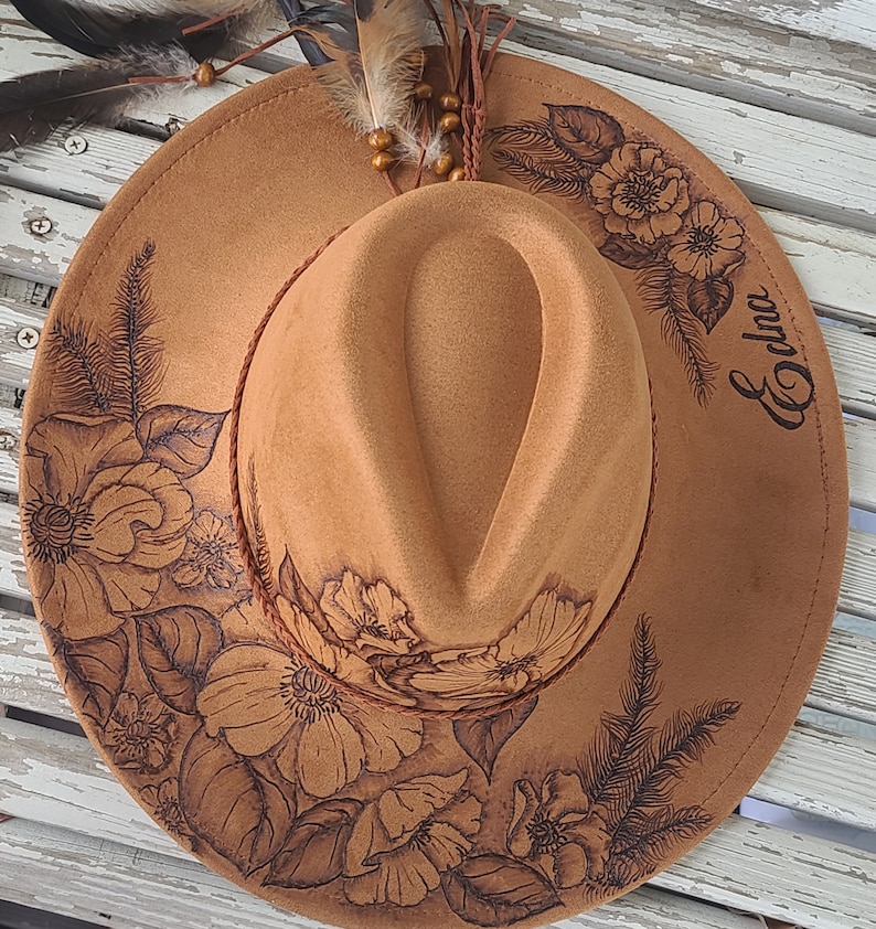 Burned Rancher Hat. FLOWERS FEATHERS Each hat is designed and drawn by Vicki at FanciiPants. No 2 are exactly alike. This design is a Best Seller! Hat Bar. Adjustable size. Message me to personalize or custom for yourself or gift!