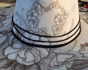 Gray and Black Floral - Wide Brim Rancher Hat with Boho Cowgirl Style - Burned Vegan Suede - Unique Gift - Hand Drawn Pyrography Art