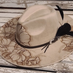 FLOWERS FLOWERS FLOWERS Wide Brim Rancher Hat with Boho Cowgirl Flair Burned Vegan Suede Custom Gift Assorted Colors Handmade Art image 7