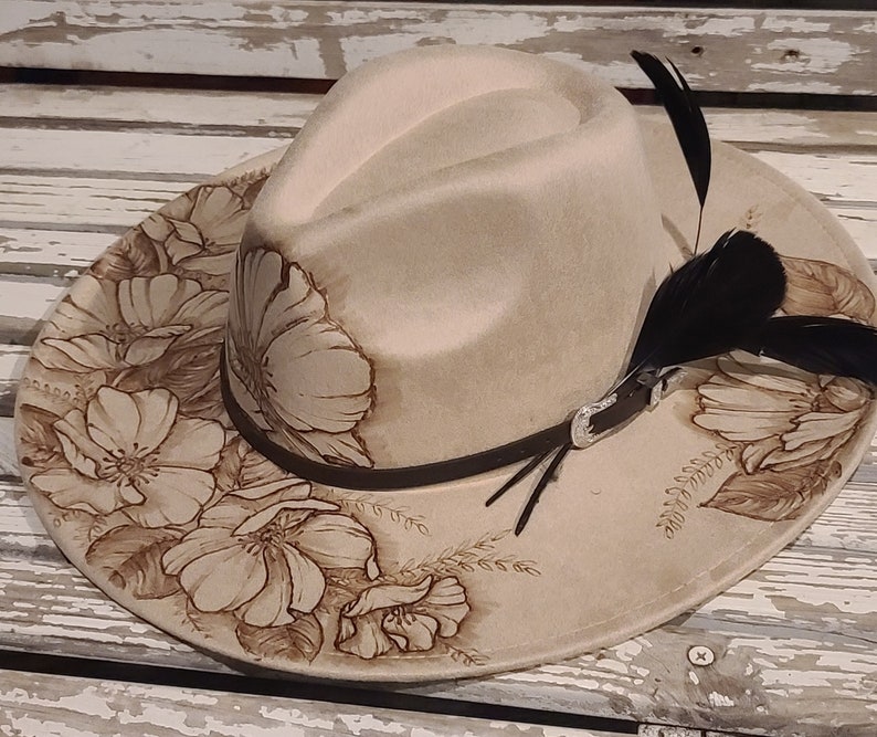 FLOWERS FLOWERS FLOWERS Wide Brim Rancher Hat with Boho Cowgirl Flair Burned Vegan Suede Custom Gift Assorted Colors Handmade Art image 7