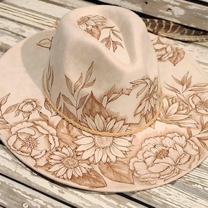 SUNFLOWERS PEONIES - Burned Vegan Suede Rancher Hat, Wide Flat Brim, Peach Top Fedora, Assorted  Colors, Boho, Custom Art, Personalize, Gift
