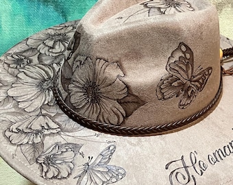 Butterflies & Flowers - Hand Drawn, Burned Art on Boho/Cowboy Suede Hat - Can be Customized with name, initials, etc.