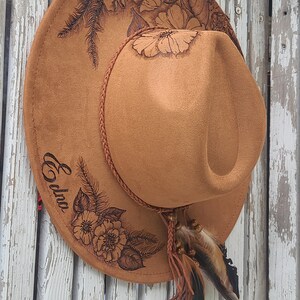 Burned Rancher Hat. FLOWERS FEATHERS Each hat is designed and drawn by Vicki at FanciiPants. No 2 are exactly alike. This design is a Best Seller! Hat Bar. Adjustable size. Message me to personalize or custom for yourself or gift!