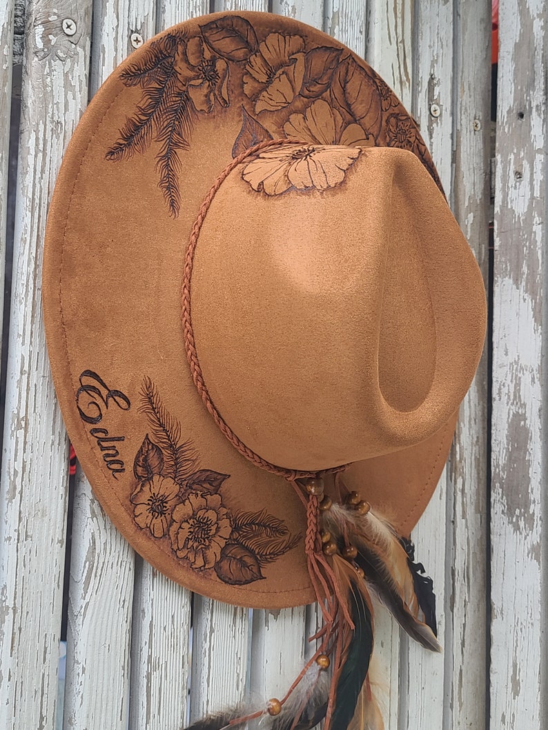 Burned Rancher Hat. FLOWERS FEATHERS Each hat is designed and drawn by Vicki at FanciiPants. No 2 are exactly alike. This design is a Best Seller! Hat Bar. Adjustable size. Message me to personalize or custom for yourself or gift!