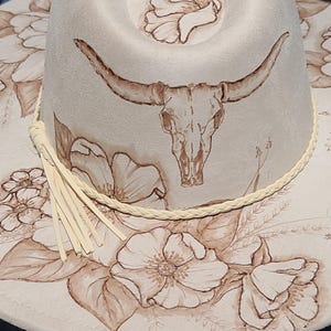 Longhorn Flowers - Burned Vegan Suede Rancher Hat, Wide Flat Brim, Peach Top Fedora, Assorted  Colors, Boho, Custom Art, Personalized Gift
