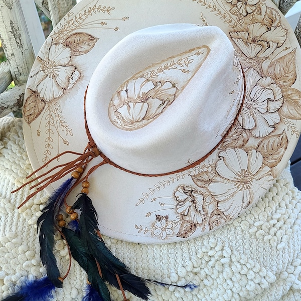 HEART and FLOWERS - Burned Vegan Suede Rancher Hat, Wide Flat Brim, Peach Top Fedora, Assorted  Colors, Boho, Custom Art, Personalize, Gift