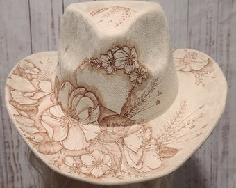 HEART and FLOWERS COWBOY  - Burned Vegan Suede Cowboy Hat, Teardrop Top Fedora, Assorted Colors, Boho, Custom Art, Personalize, Gift