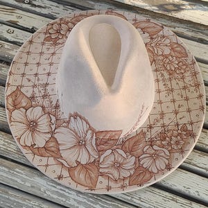 Lattice Flowers - Hand Drawn, Burned Art on Boho/Cowboy Suede Hat - Customize with name, initials, etc.