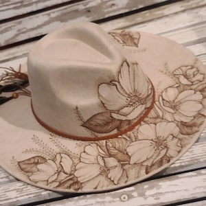 FLOWERS FLOWERS FLOWERS Burned Vegan Suede Rancher Hat Wide Flat Brim Peach Top Fedora, Assorted Colors, Boho Custom Art Personalize Gift image 1