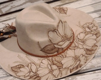 FLOWERS FLOWERS FLOWERS - Burned Vegan Suede Rancher Hat Wide Flat Brim Peach Top Fedora, Assorted Colors, Boho Custom Art Personalize Gift