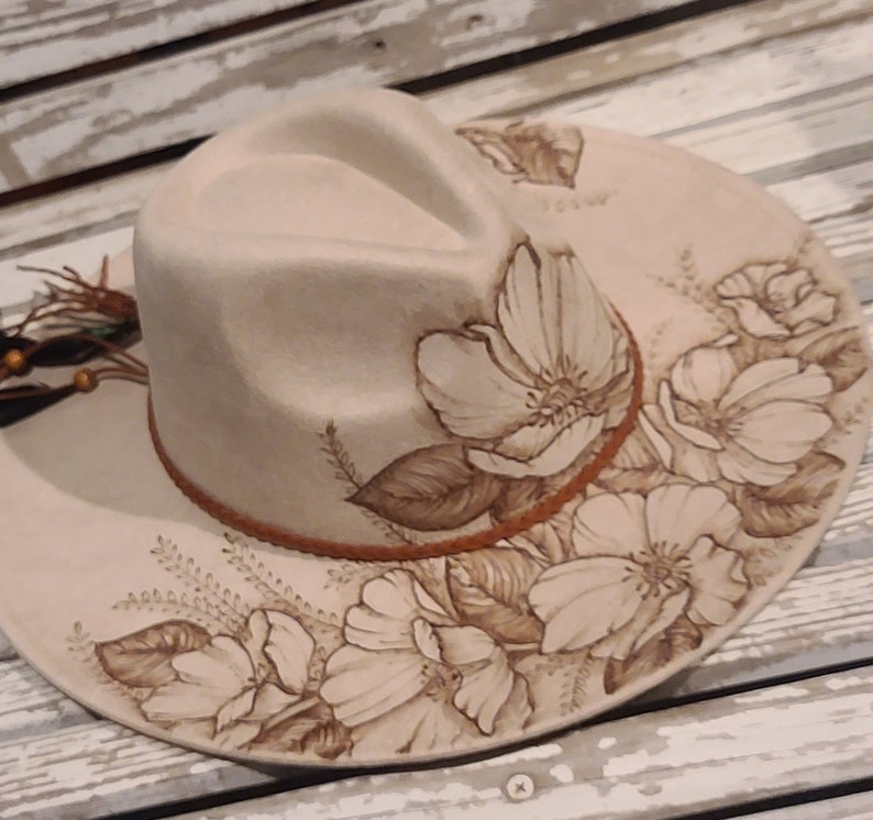 FLOWERS FLOWERS FLOWERS Burned Vegan Suede Rancher Hat Wide Flat Brim Peach Top Fedora, Assorted Colors, Boho Custom Art Personalize Gift image 1