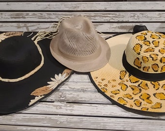 CLEARANCE Leopard, Straw, Black Painted. Fedora, LOT of 3 Hats. May have some damage or defects. Gift Custom Personalize  Gift