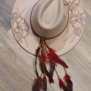 FLOWERS FLOWERS FLOWERS Burned Vegan Suede Rancher Hat Wide Flat Brim Peach Top Fedora, Assorted Colors, Boho Custom Art Personalize Gift image 6