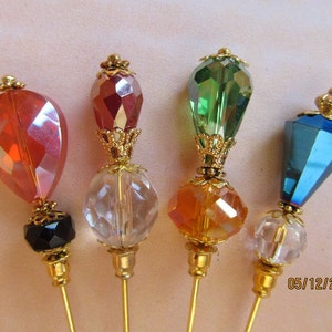 4 Diff Hatpins Beautiful Fire Crystal Beads 3 inches long. We sell hat stick pin blanks, make your own, findings supplies...S4