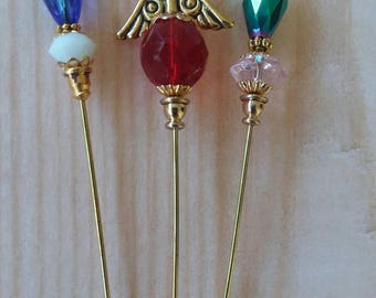 3 Diff Hatpins Beautiful Beads 3 inches long. .We sell hat stick  pin blanks,make your own,findings supplies...S10