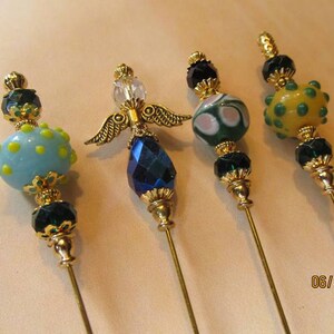 4 Diff Lapel Pin Style 6&quot; long gold tone ANGEL Wings Glass Lampwork Beads We sell hat pin supplies findings accessory craft supplies S25