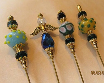 4 Diff Lapel Pin Style 6" long gold tone ANGEL Wings Glass Lampwork Beads We sell hat pin supplies findings accessory craft supplies S25